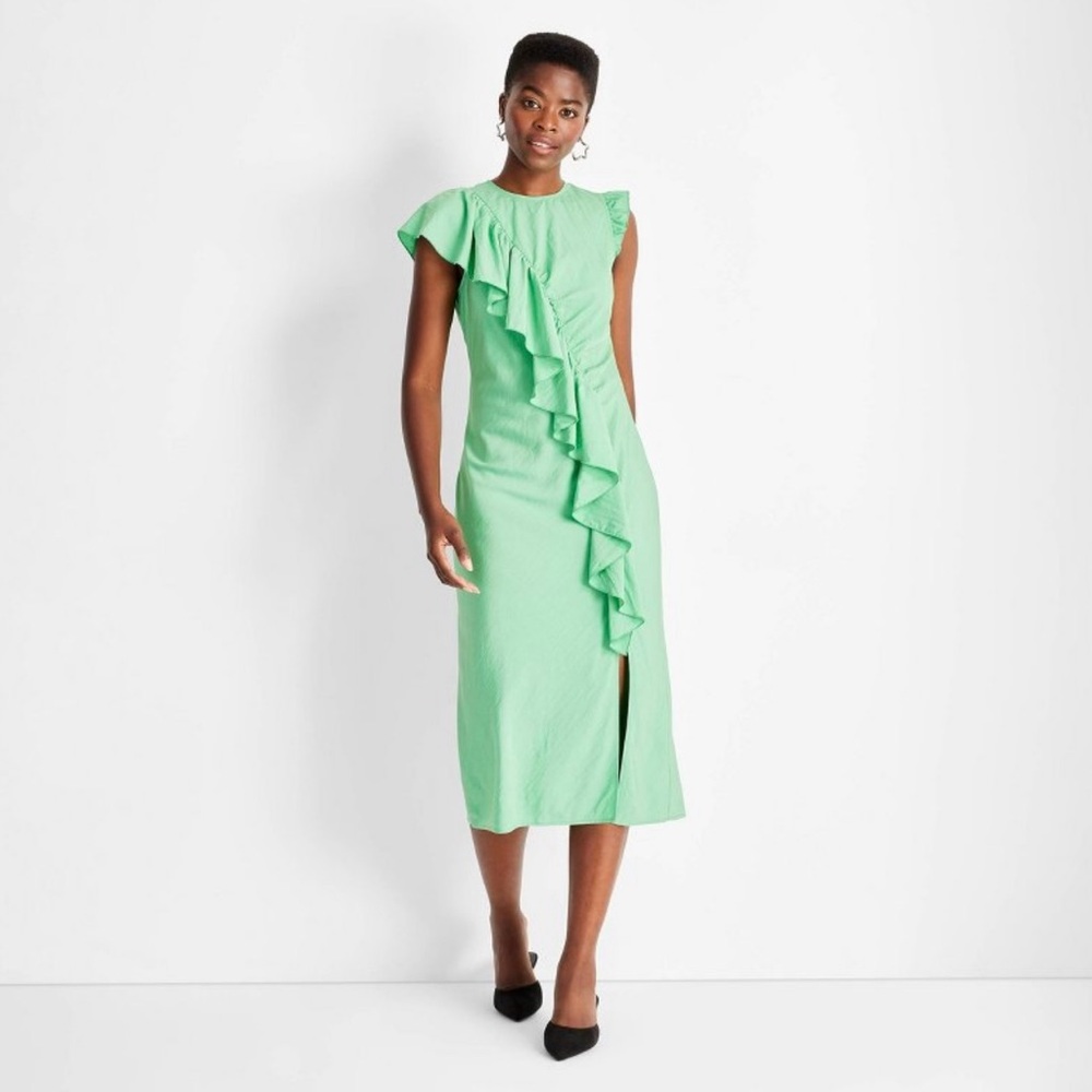 Women's Flutter Mini Cap Sleeve
Asymmetrical Ruffle Ankle Dress - Green S